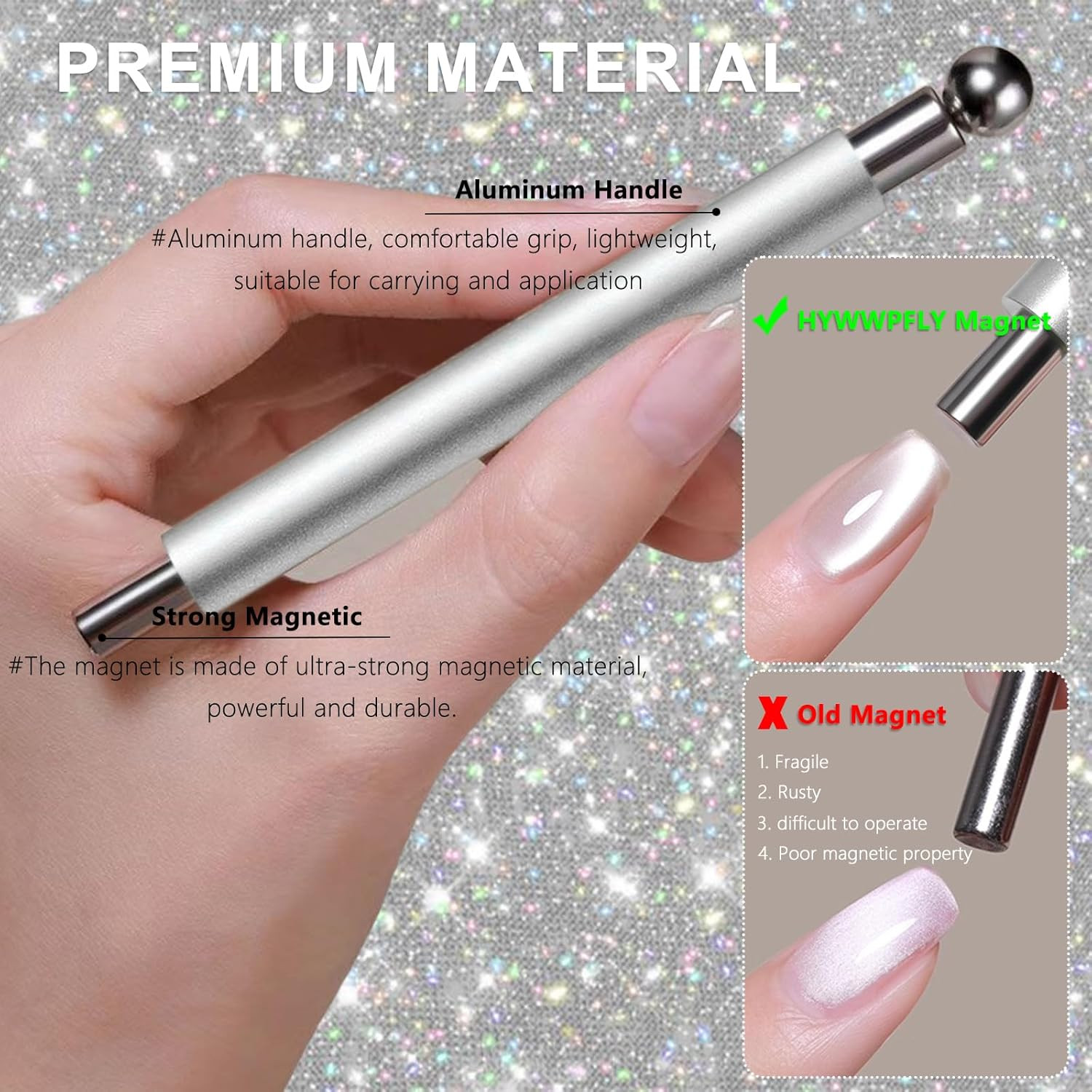 1Pcs Silver Cat Eye Magnet for Nails, Cat Eye round Nail Magnetic Beads, Double