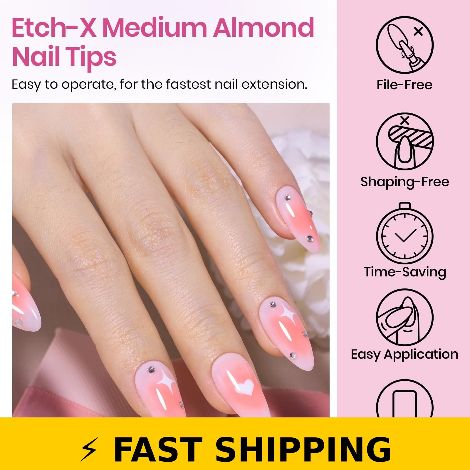 Beetles Medium Almond Nail Tips 576pcs, Pre-Etched Soft Gel Tips