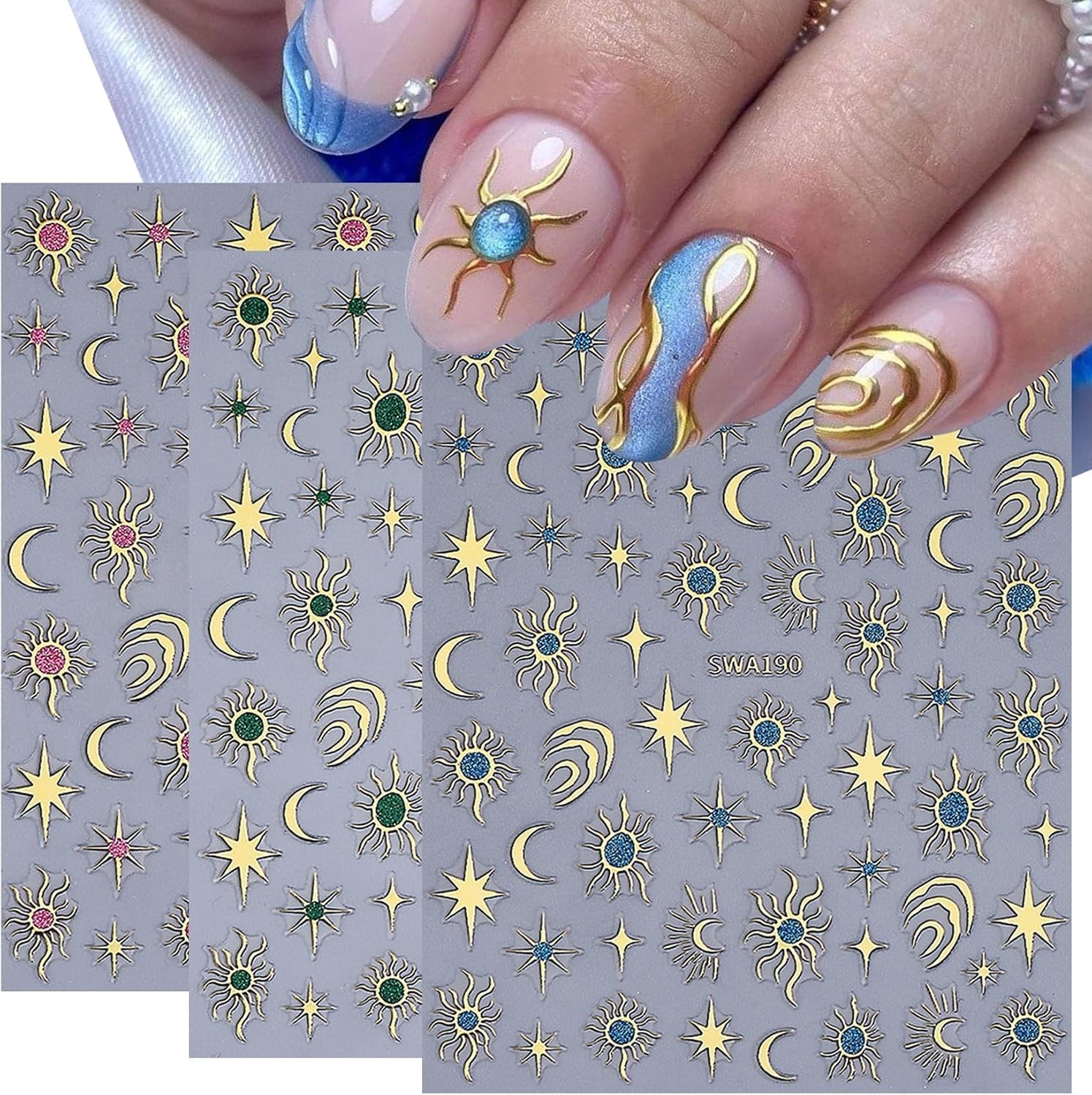 Elegant Holographic Nail Decals – 12 PCS Sun Heart & Stars for Every Occasion