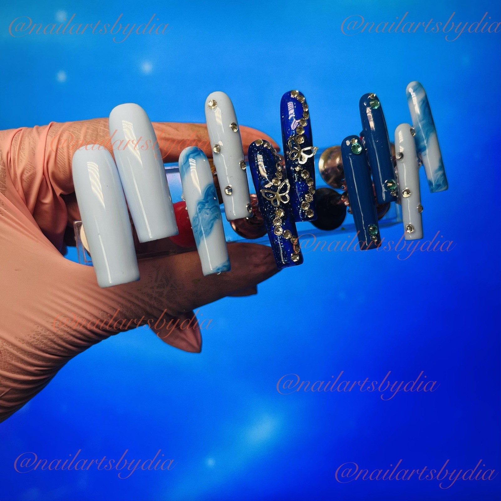 Authentic Nail Arts by Dia Square Press-On Nails Blue White Butterfly Shiny Long