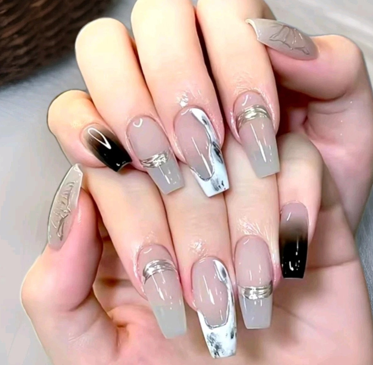 Long Black & Grey Butterfly Press On Nails 24 Pieces
