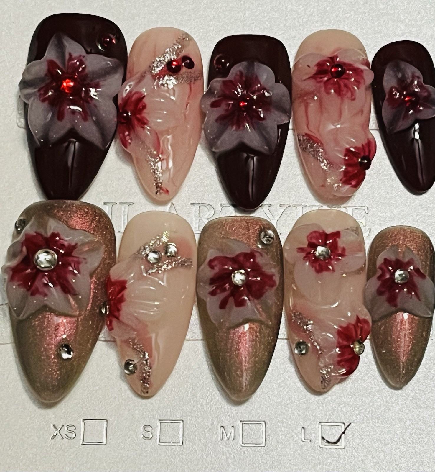 10 PCs Handmade Press On Nails Medium Length Almond 3D Flowers & Rhinestones