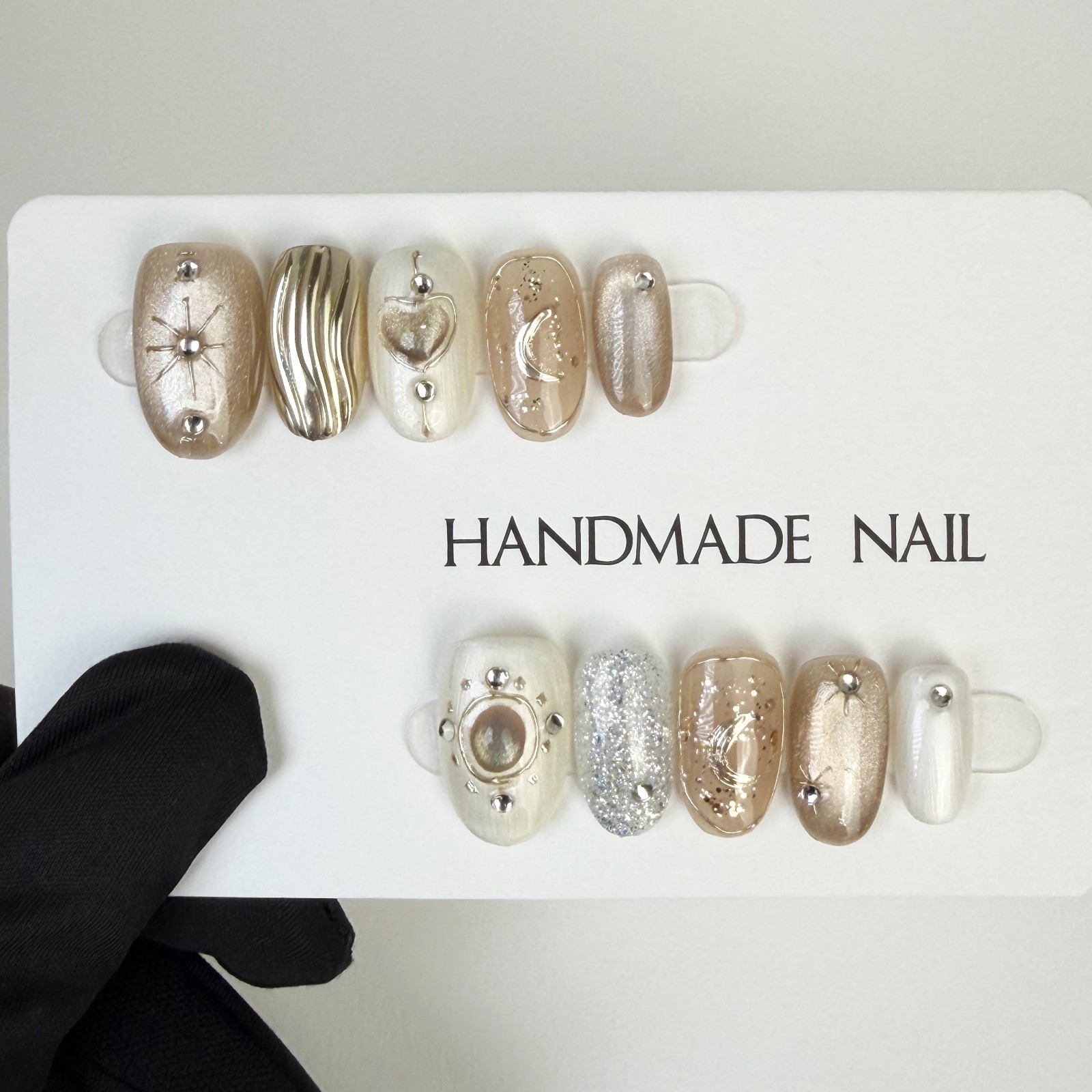 Gilded Galaxy Press On Nails Oval Metallic Rhinestone Handmade Set Gift For Her