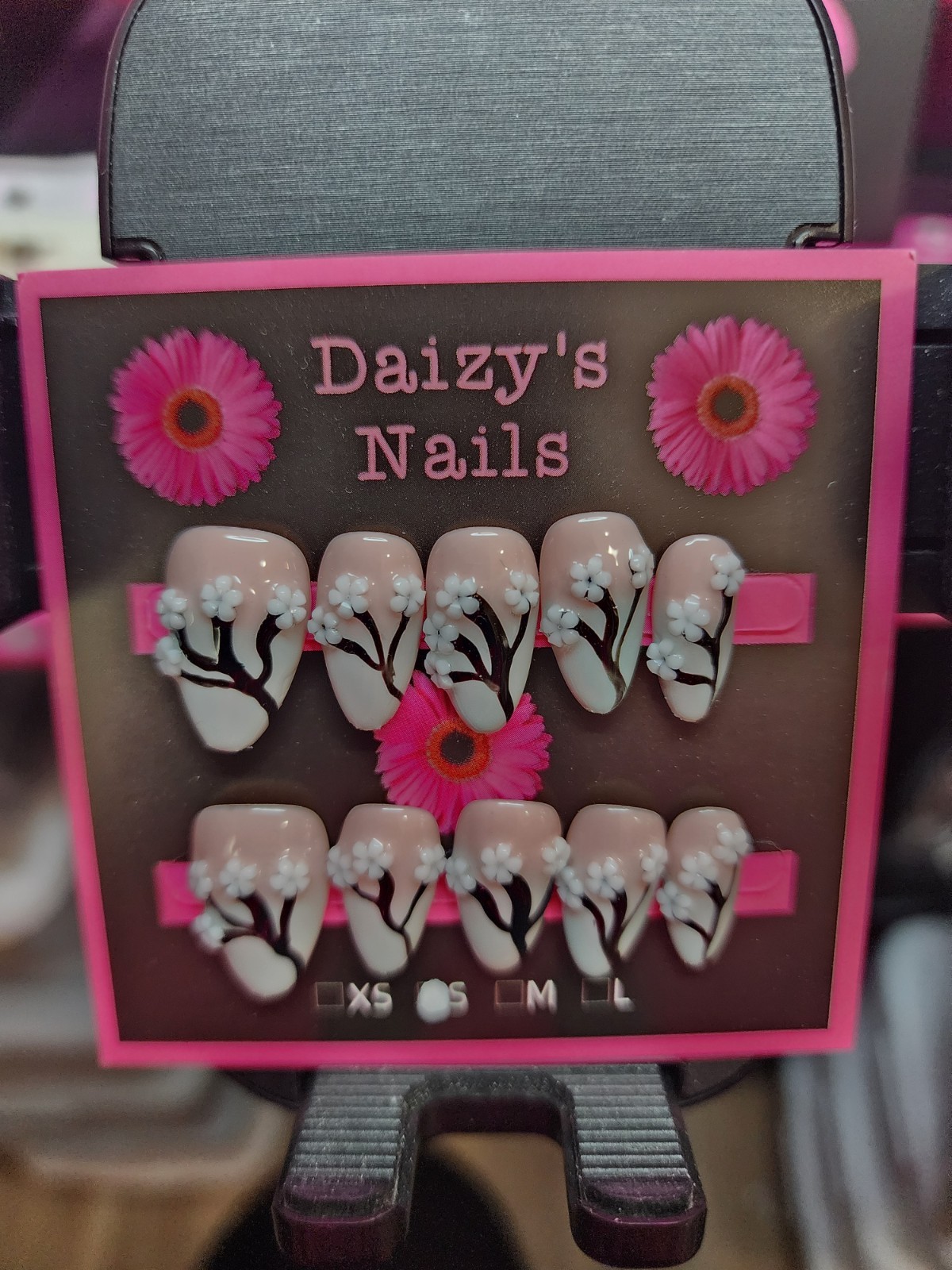 Small Size Grey Cherry Blossom Press-on Nail Set Handmade Almond 2.0 Cm Length