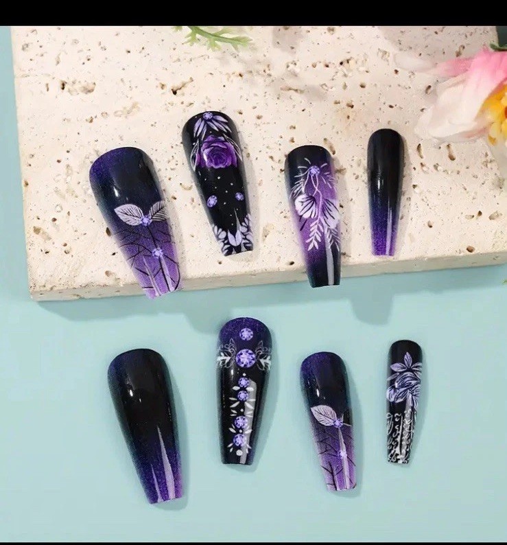Deep Purple Floral Long Coffin Nail Tips 24pcs Goth Dark Boxed Nails GLUE & Tabs