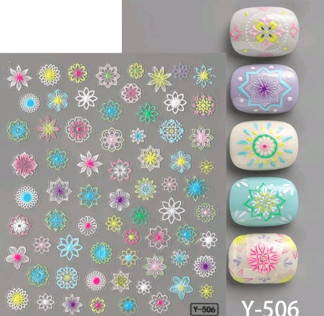 Geometric Floral Nail Art Stickers Spiral Flowers Artistic White Pink Teal White