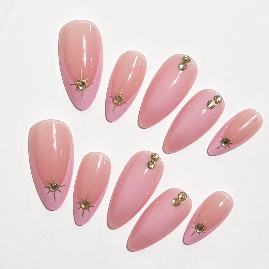 48Pcs-Long Almond Nude White French Gold Sun Star Rhinestone Press on Nails