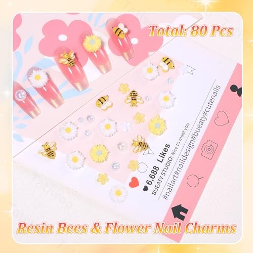 80 Pcs 3D Flower Nail Charms, Cute Bee Daisy Flowers Charms for Acrylic Set-2