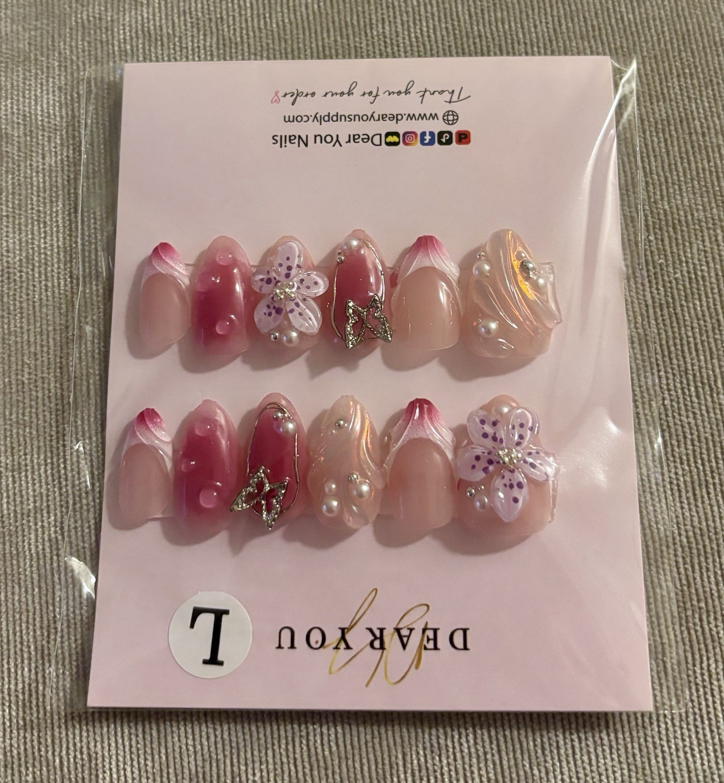 Handmade Press On Nails By Dear You Nails Size Large Pink 3D Flowers & Butterfly