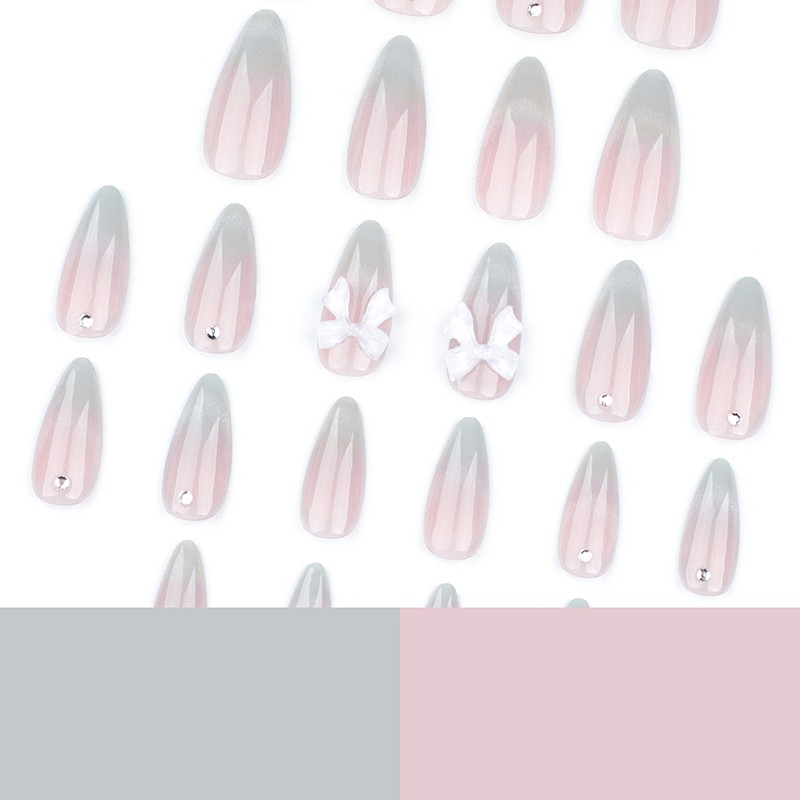 24pcs Sweet Cat Eye French Press on Nails 3D Bow Knot Diamond Almond False Nails