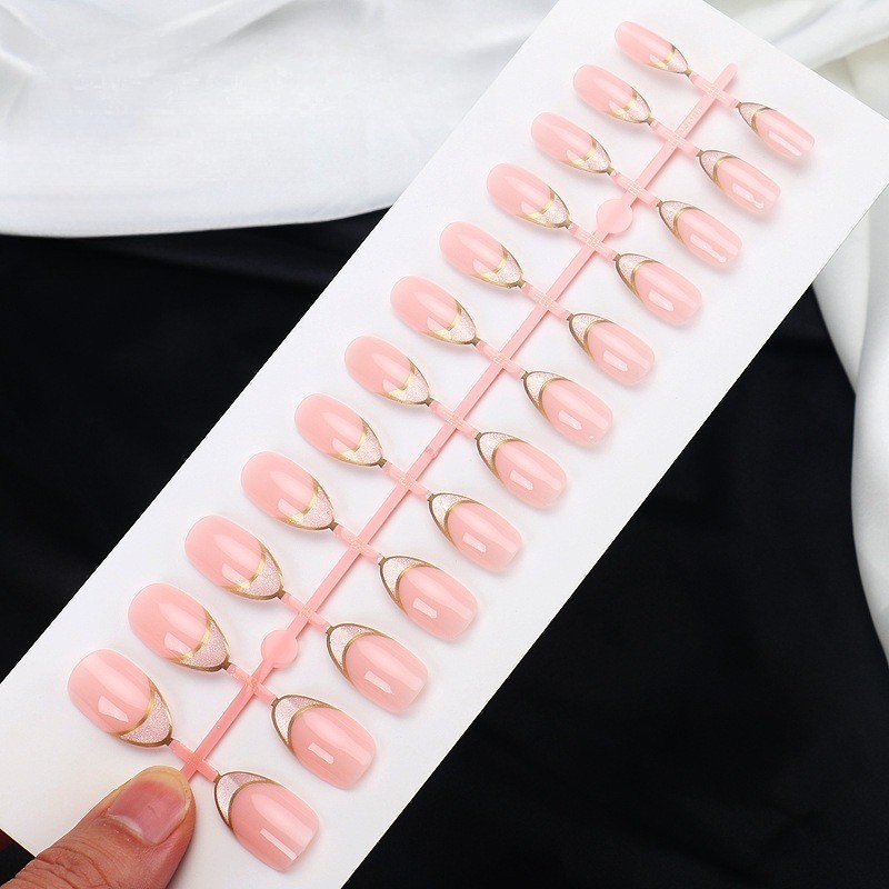 48pcs-Elegant Nude Nails, Almond with Silver Glitter French Tips and Gold Line