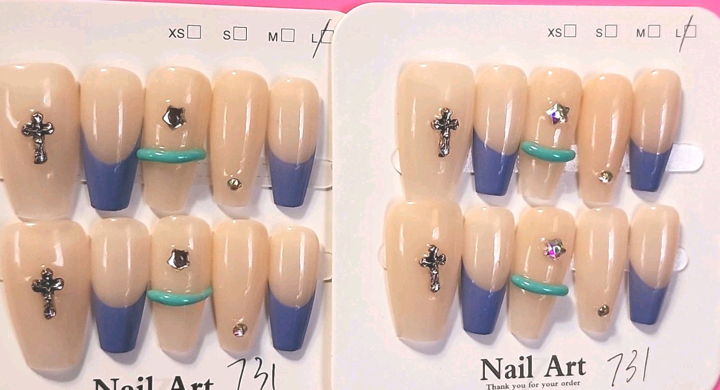 Press-On Nails Long Coffin Full Cover Acrylic, Beige/Blue Shiny Cross Design