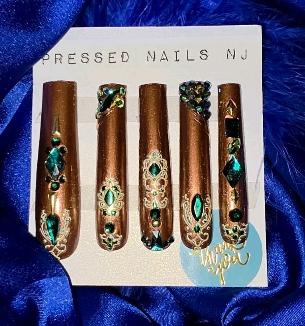 Press On Acrylic Nails 3XL Square 3D Gems Bling Glam Satin Chocolate Brown Green