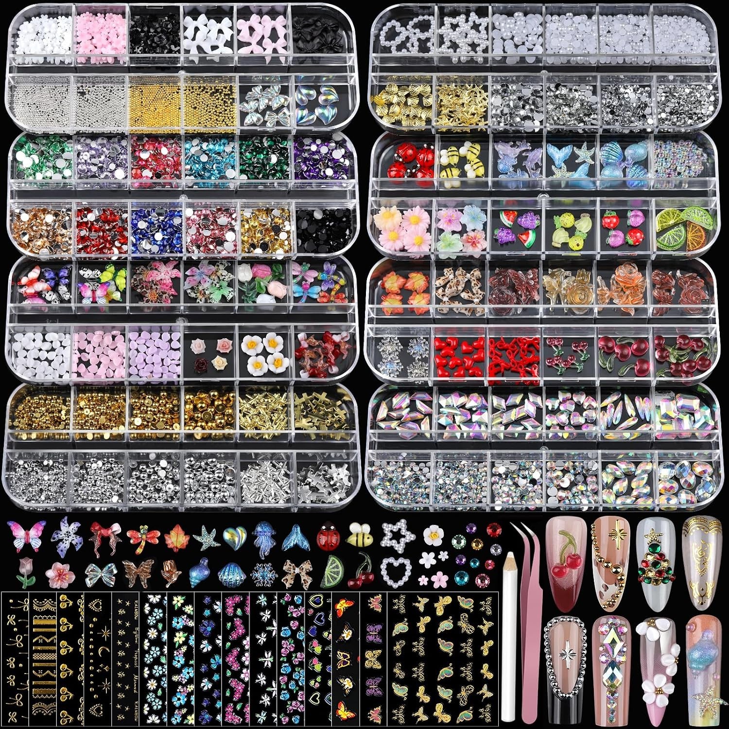 Teentior Nail Charms Nail Stickers with Nail Gems Kit, 8 Boxes Nail Art Rhine…
