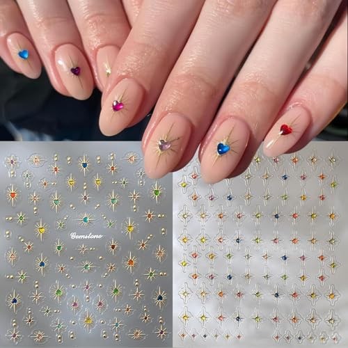 2 Sheets Star Nail Stickers for Nail Art Gold Nail Decals Colorful Style G