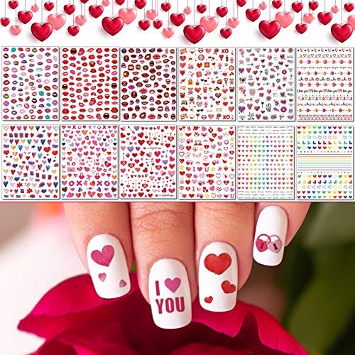 12 Sheets Valentine’s Day Nail Decals Stickers, Self Valentines, 12 Sheets