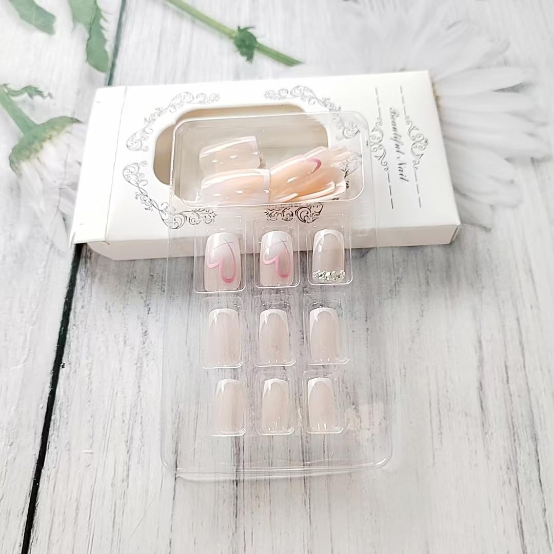24Pcs White French Tip Press On Nails – Medium Square Nude Pink With Rhinesto…