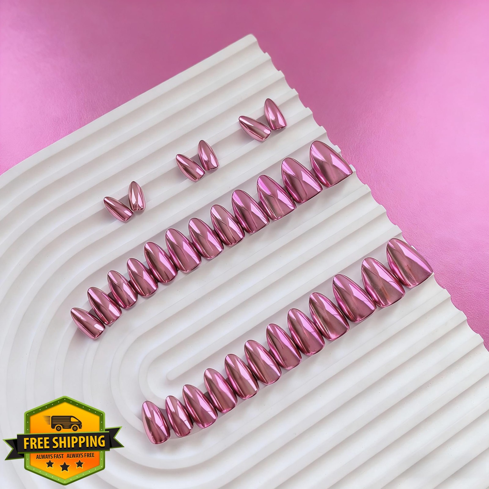 KQueenest Chrome Press On Nails Almond Pink