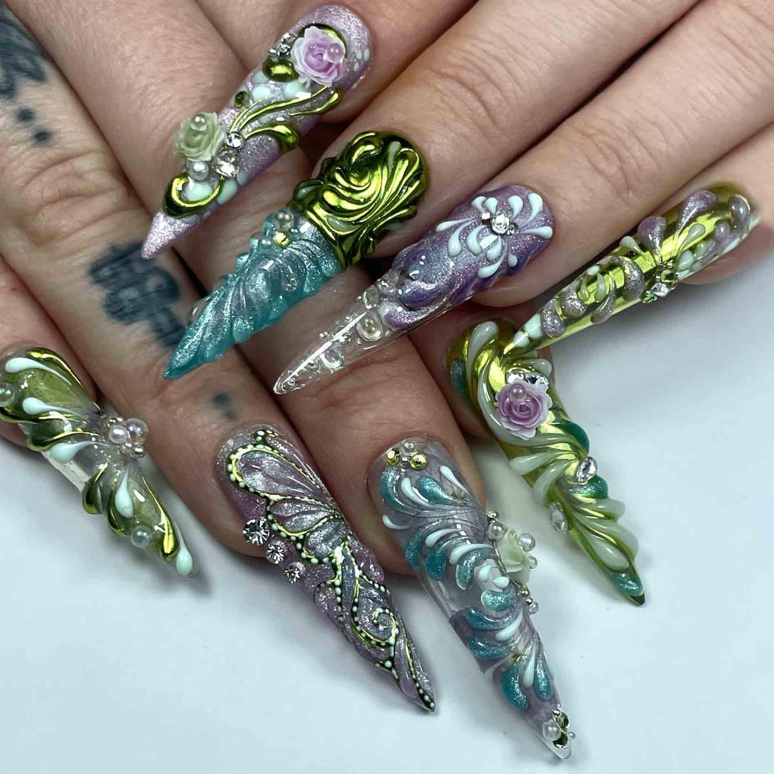 Handmade Purple Green Cat Eye 3D Butterfly Flower Long Stiletto Press on Nails