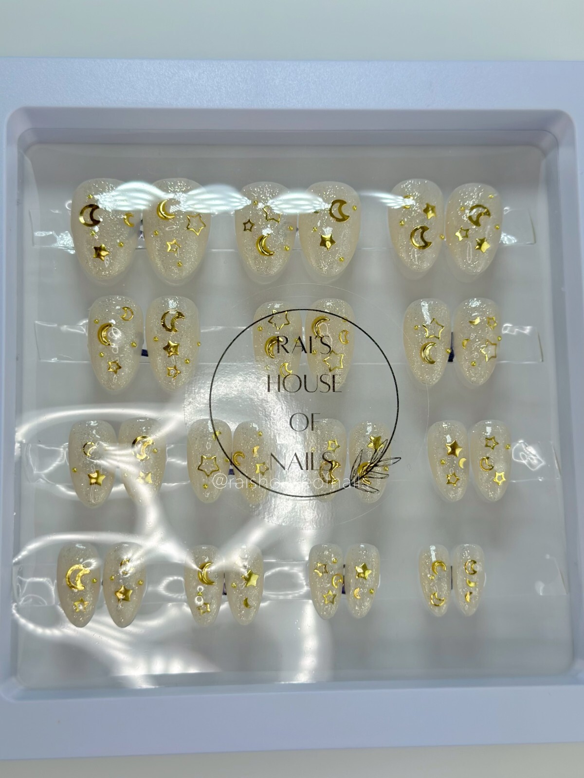 Handmade Press on Nails “Gold Galaxy” Almond Short 28 Nails All Sizes w Glue
