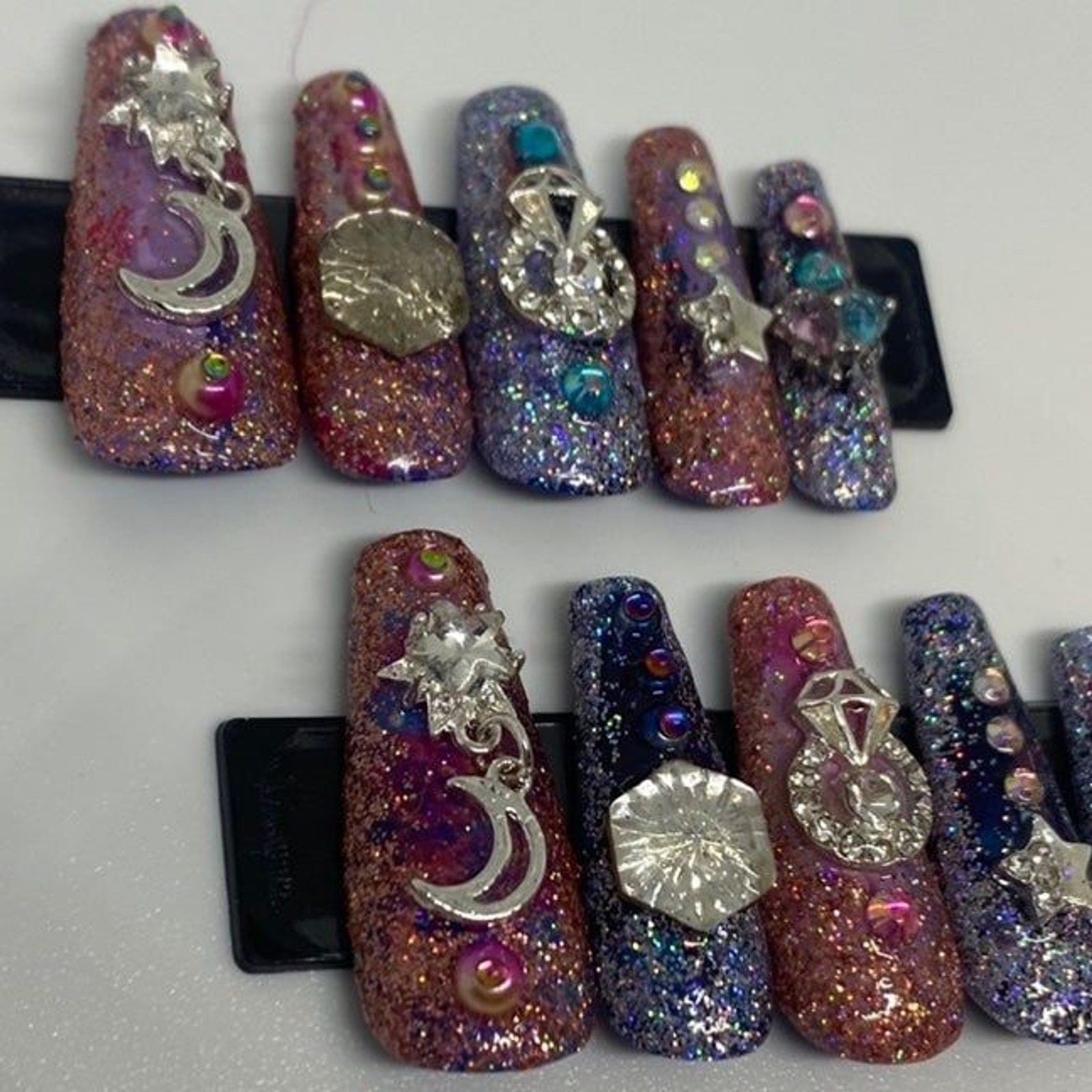 Pink and Blue Glitter Glam Handmade Press On Nail Set