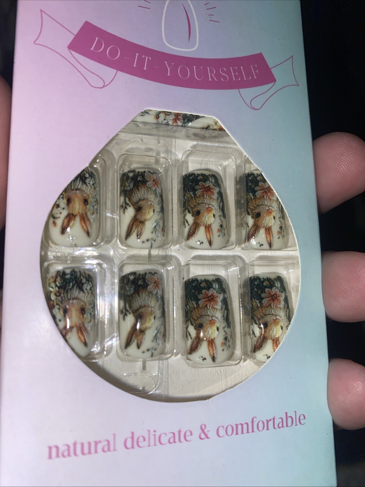24 pc EASTER BUNNY Medium Square Nail Tips Finished Boxed Glue & Tabs Nails
