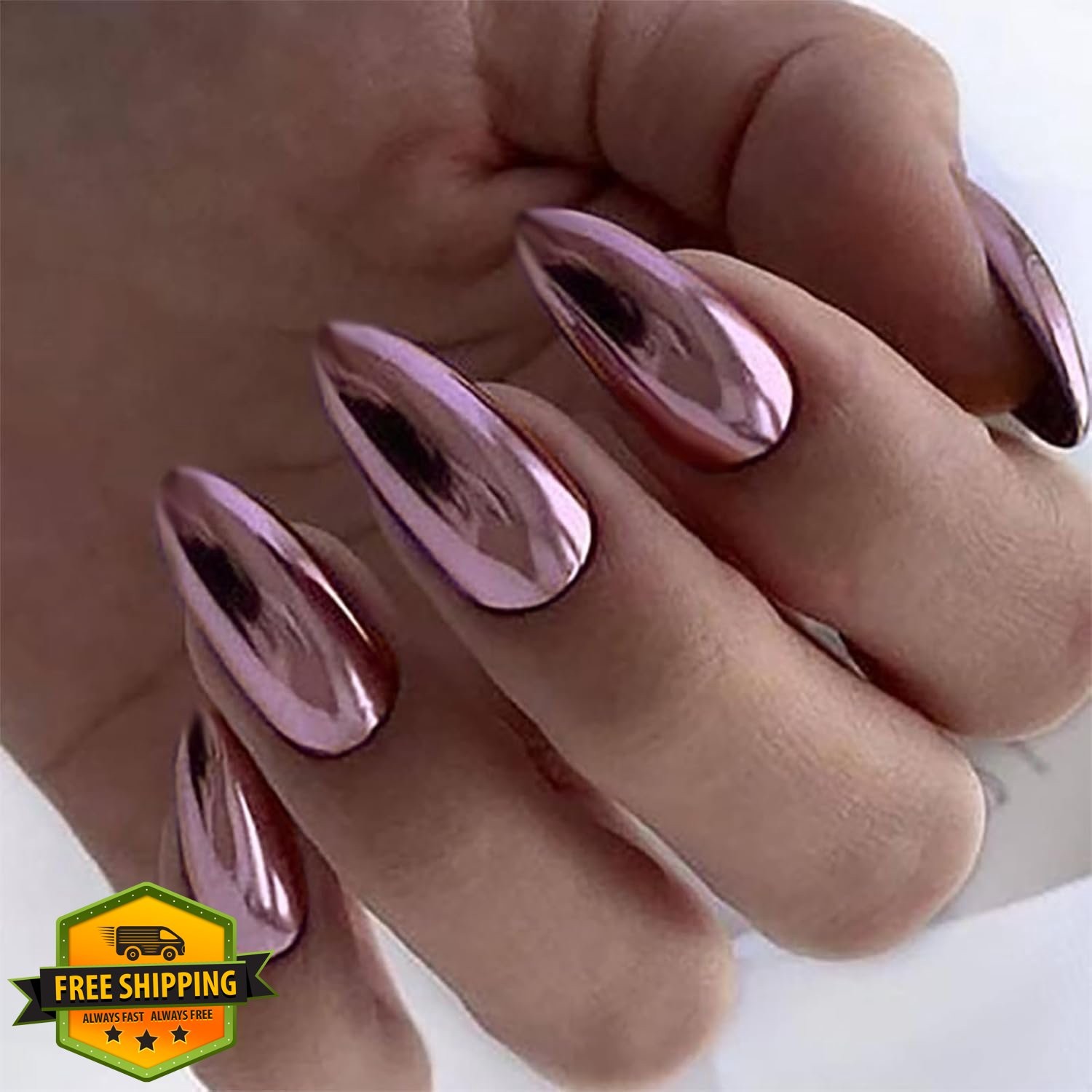 SEMATA Light Purple Chrome Almond Press on Nails Medium Acrylic 24Pcs