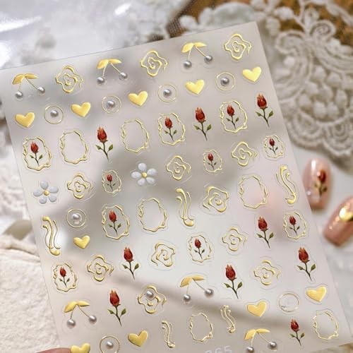Gold Nail Stickers Flower Nail Decals for Nails Art Tulip Nail Tulip Gold Heart