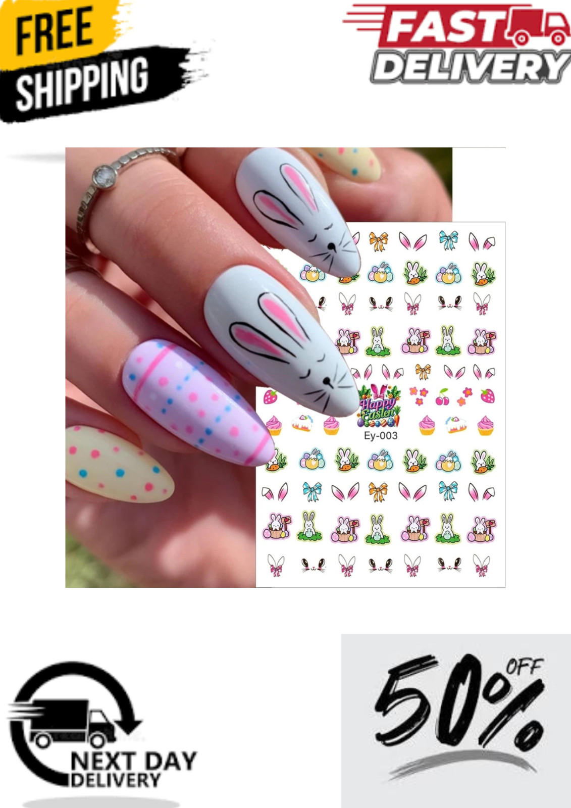 6 Sheets Easter Nail Stickers 3D Self Adhesive Egg Bunny Nail Art Decals DIY