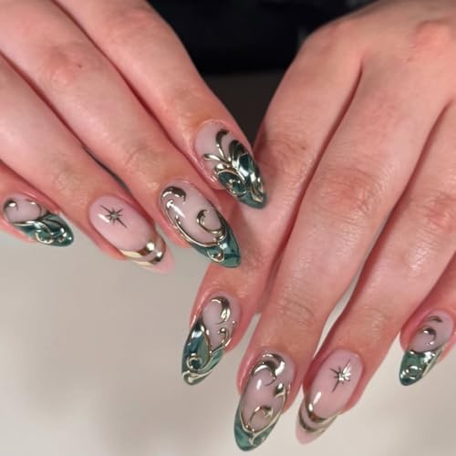 Almond Press on Nails Medium Fake Silver Green False Nail French Green Silver