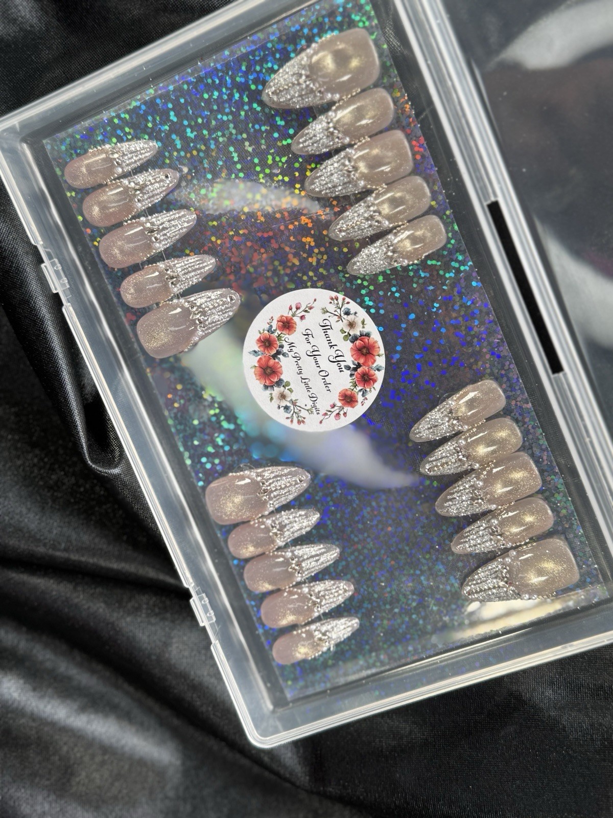Handmade Press on nails, Silver Glitter Detailing in Long~Includes Free Gifts❣️