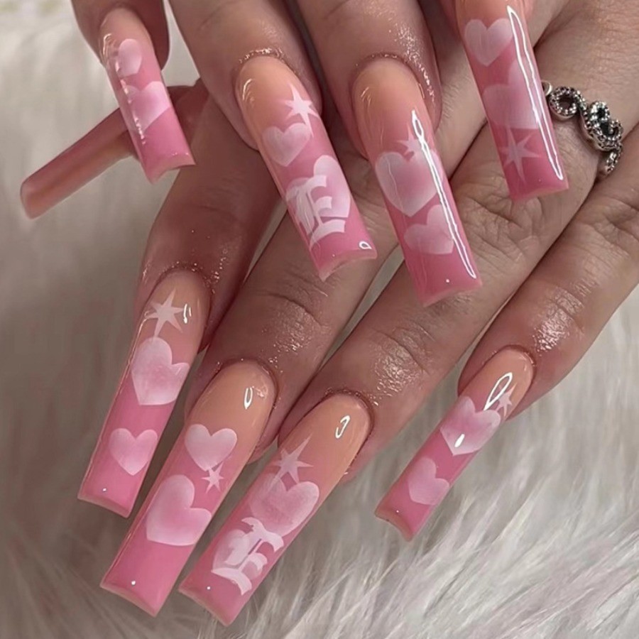 48pcs-Pink Press on Nails Ombre Heart Star Long Square Daily Wear Nail Art Set