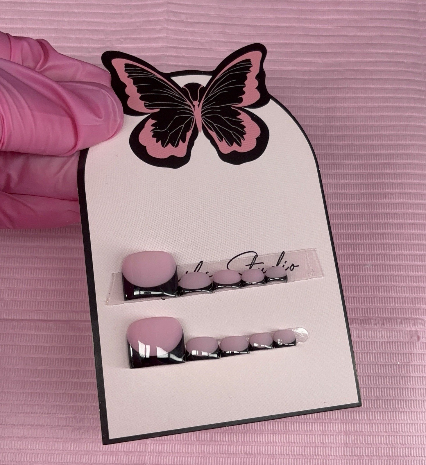 press on toenails pink nude black French tips handmade custom gel