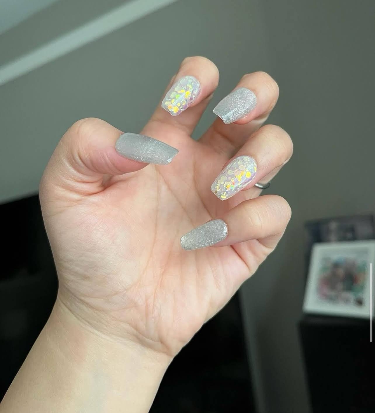 Press-On Nails Long Square Blue Silver Shiny Glitter Full Cover Pre-Designed Set
