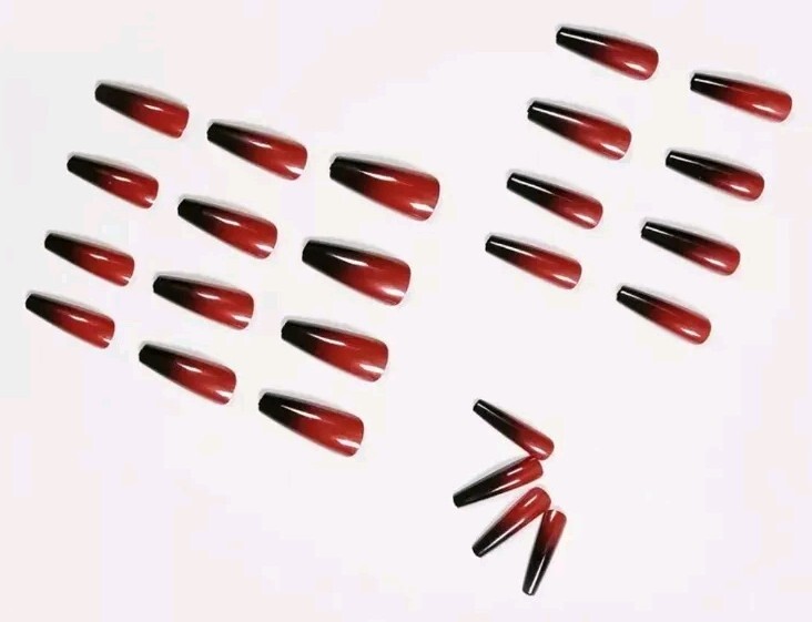 Press On Nails Medium Long Coffin Shaped, Red And Black Fake Nails Kit Gradient
