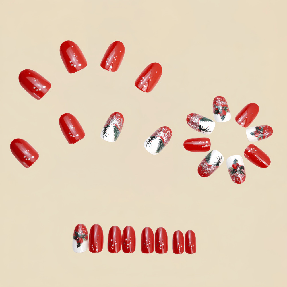 48Pcs Red Xmas Press on Nails Reindeer Holly Glitter Glossy Shiny Fake Nails