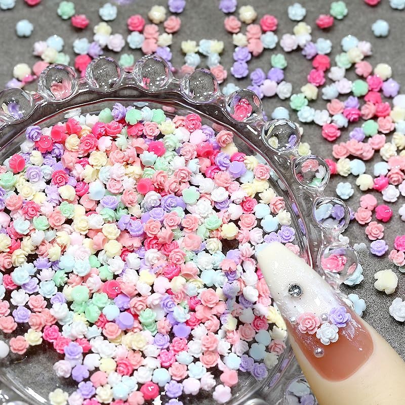 100Pcs Random Mixed Colors 4mm Tiny Flower Nail Charms Flatback 3D Flowers for