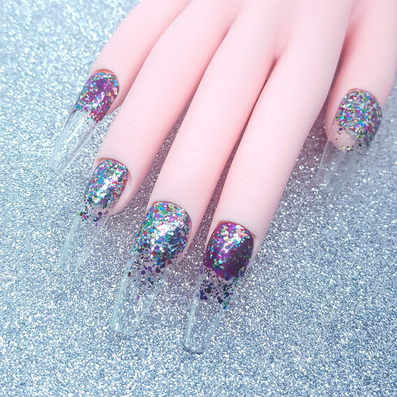 Clear Pride Pink Blue Green Glitter Nail Bed Press On Nails Handmade Hard Gel