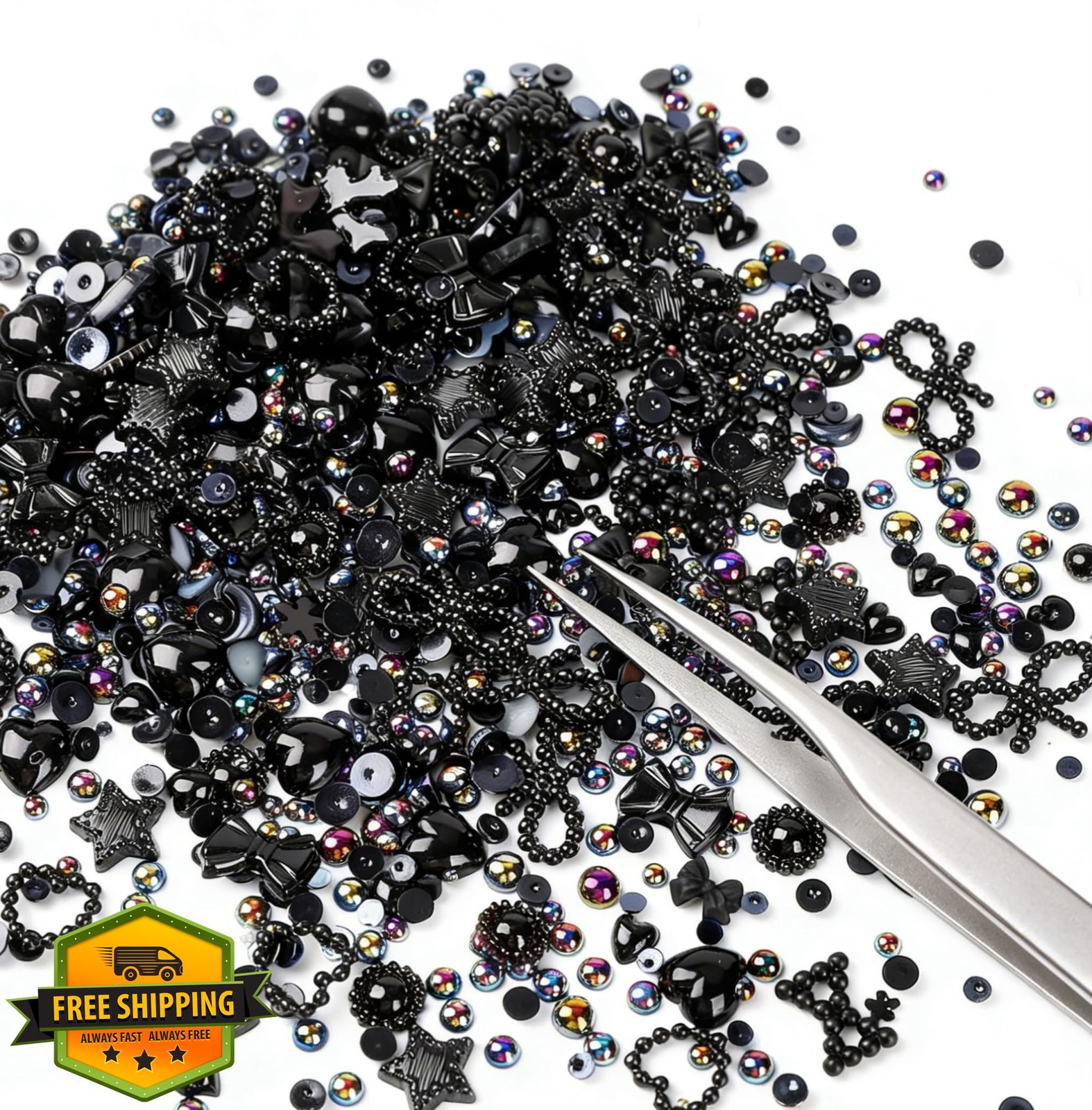 Tephrent 500pcs Black 3D Pearl Nail Charms Mix Styles