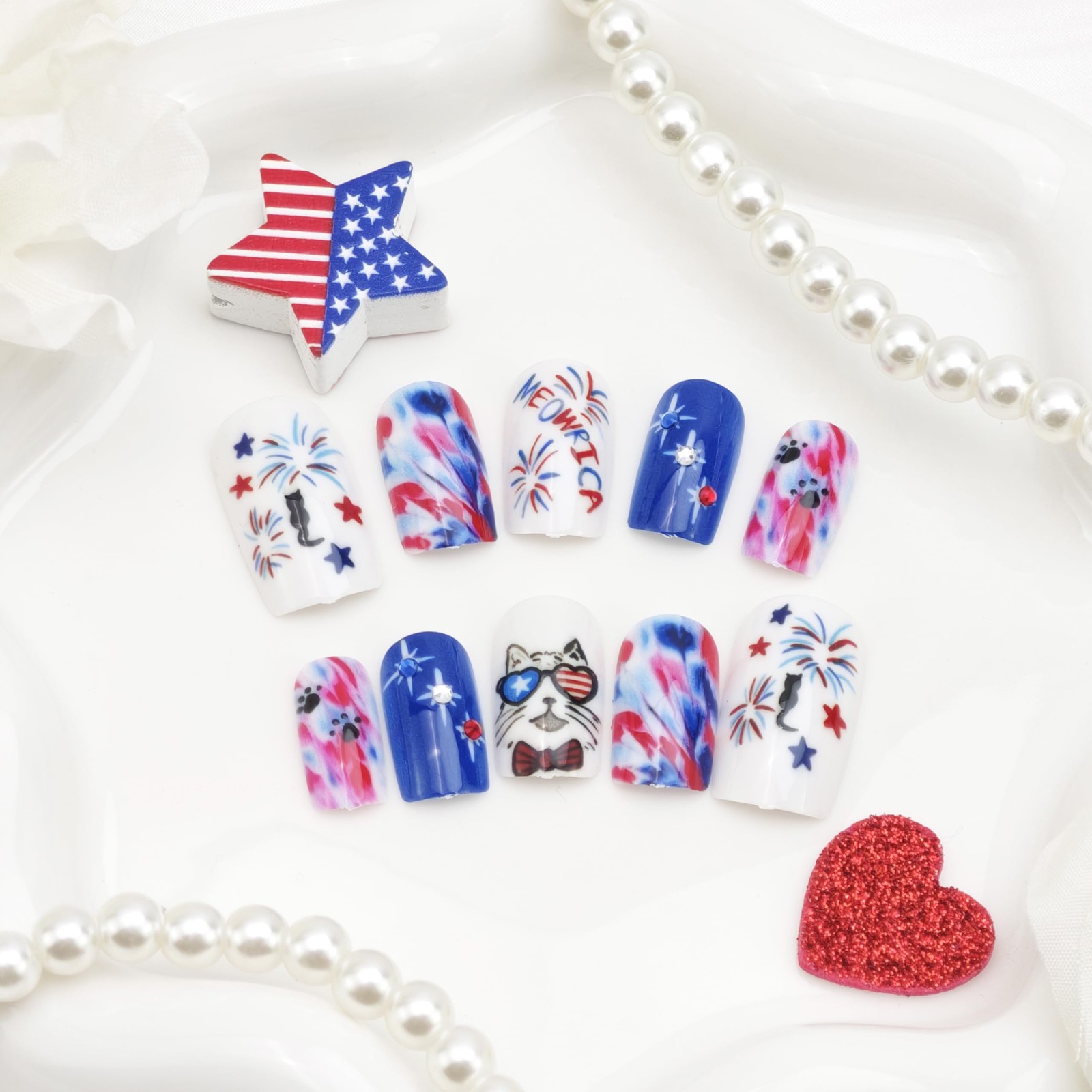 Mkwntg 4th of July Cat Star Fireworks Nails