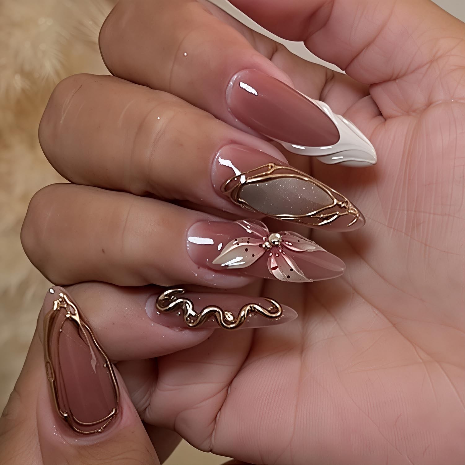 24Pcs 3D Flower Press on Nails Medium Almond Fake Nails with Rhinestones Whit…