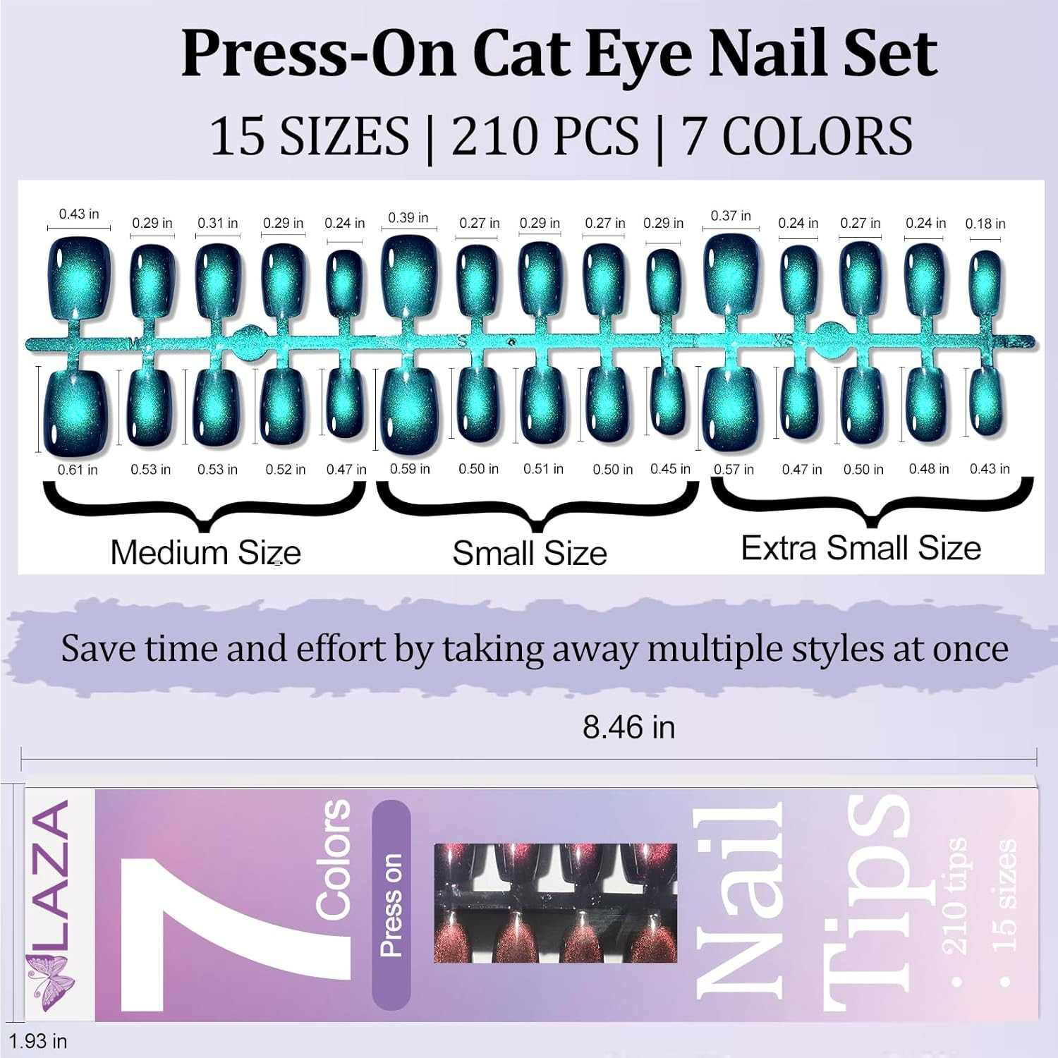 210Pcs Cat Eye Press on Nails for Women 7 Colors Glossy Glitter Black Hole Short
