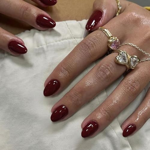 Burgundy Wine Red Press on Nails Short Almond Fake Nails glossy burgundy red
