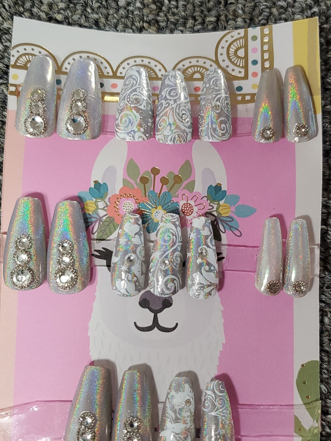 Press On Nails Medium Coffin – 18 pc Gray Silver Floral Wedding Baby Shower Prom