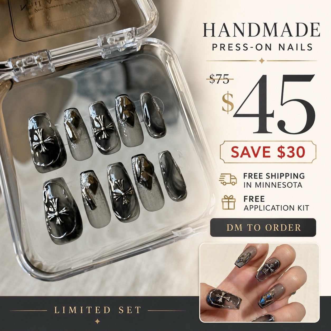 Press-On Nails Long Square Silver & Black Shiny 3D Cross Full Cover Set