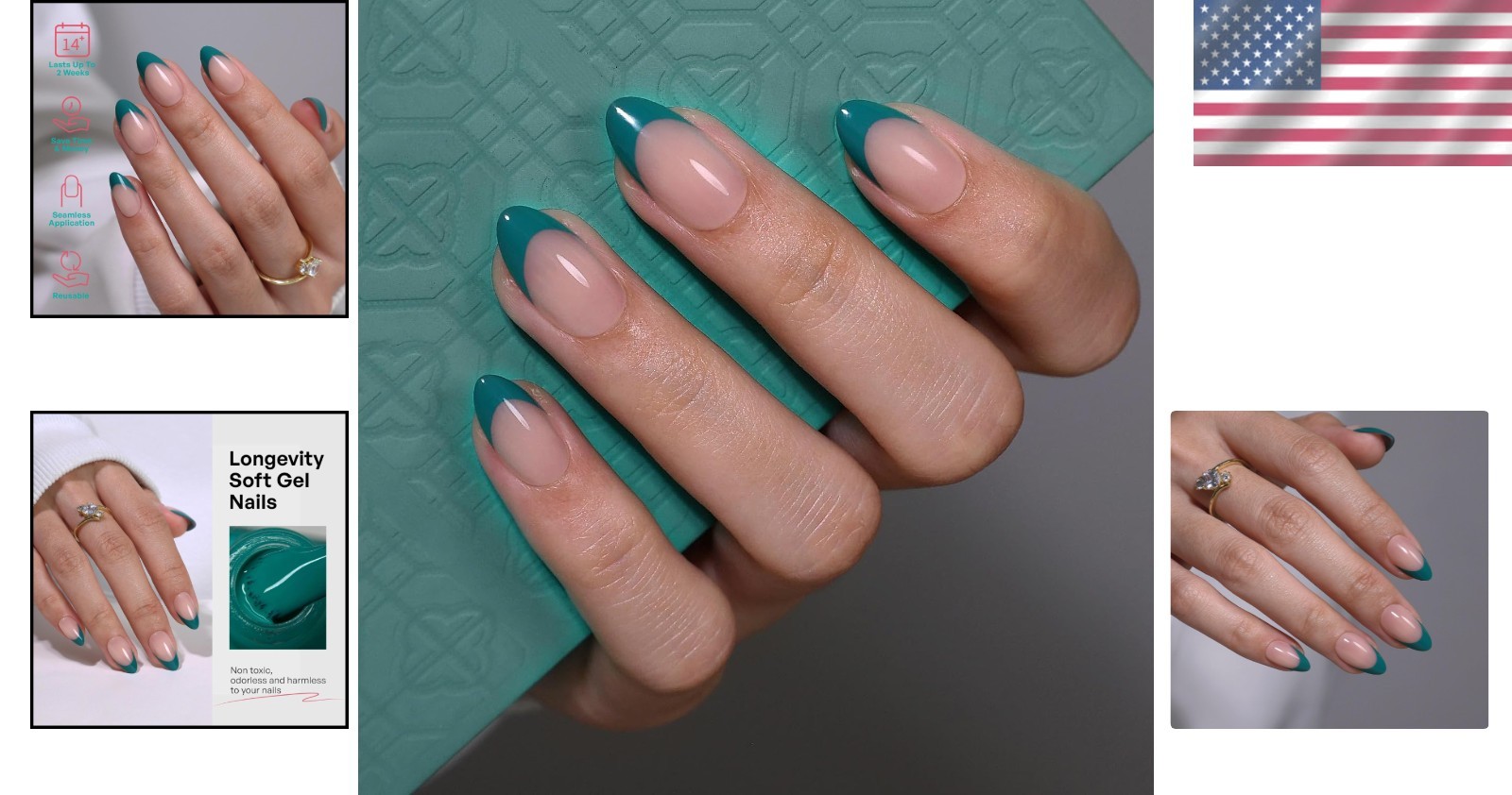 Transformative Teal Gel Almond Fake Nails – 16 Sizes