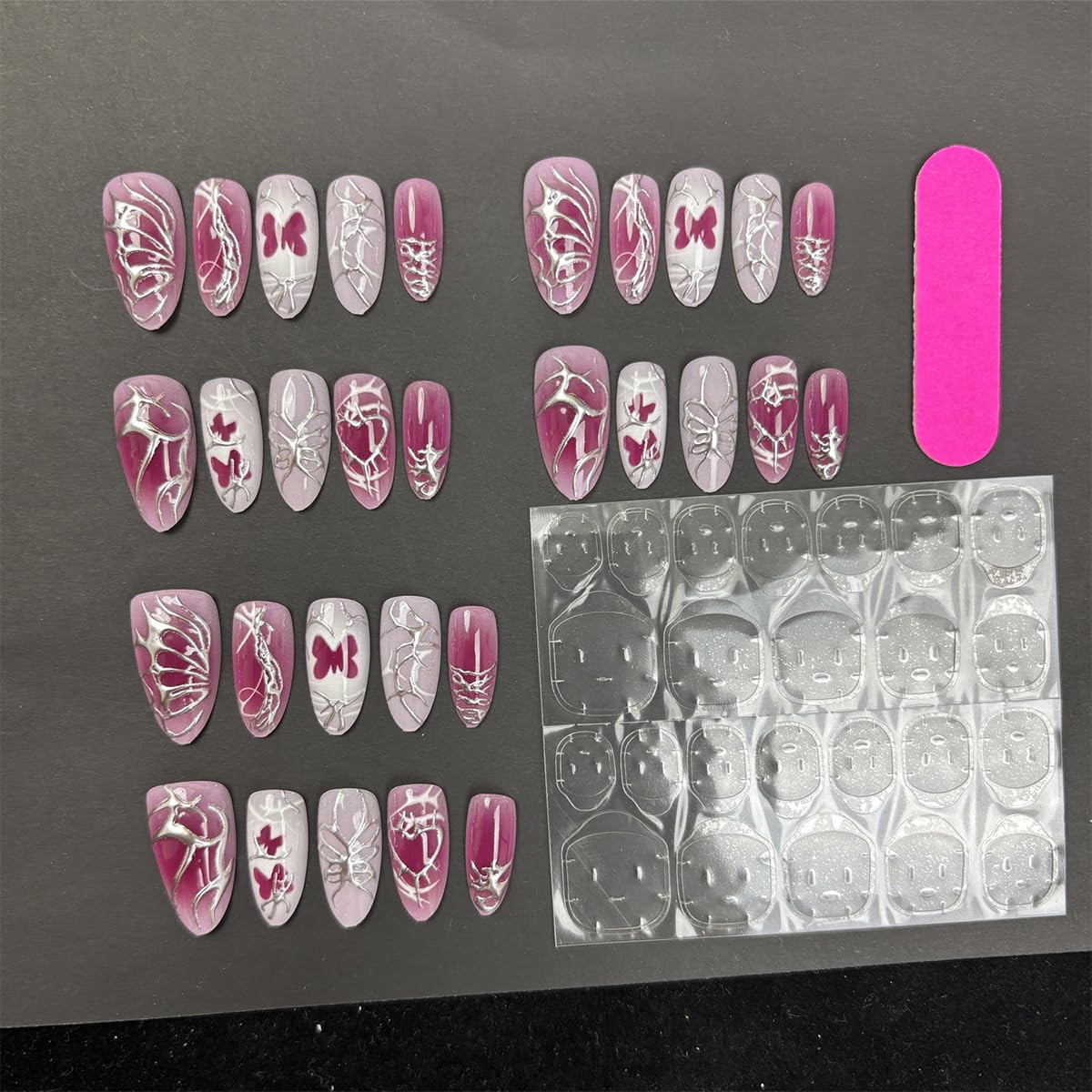 30Pcs Rose Red Y2K Press on Nails, Medium Almond Shape, Acrylic Material, Full C