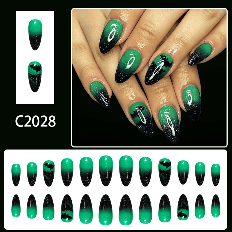 48Pcs-Long Almond Green Black Gradient Bat Glitter Press on Nails Set