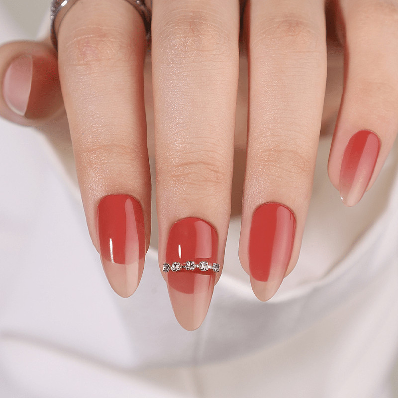 60Pcs Peach Gradient Rhinestone Almond Press on Nails, Elegant Nude Fake Nails