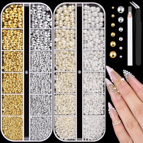 Flatback Nail Pearls Gems, Half 14 Nail Pearls(White+Beige+Gold+Silver) Set 1